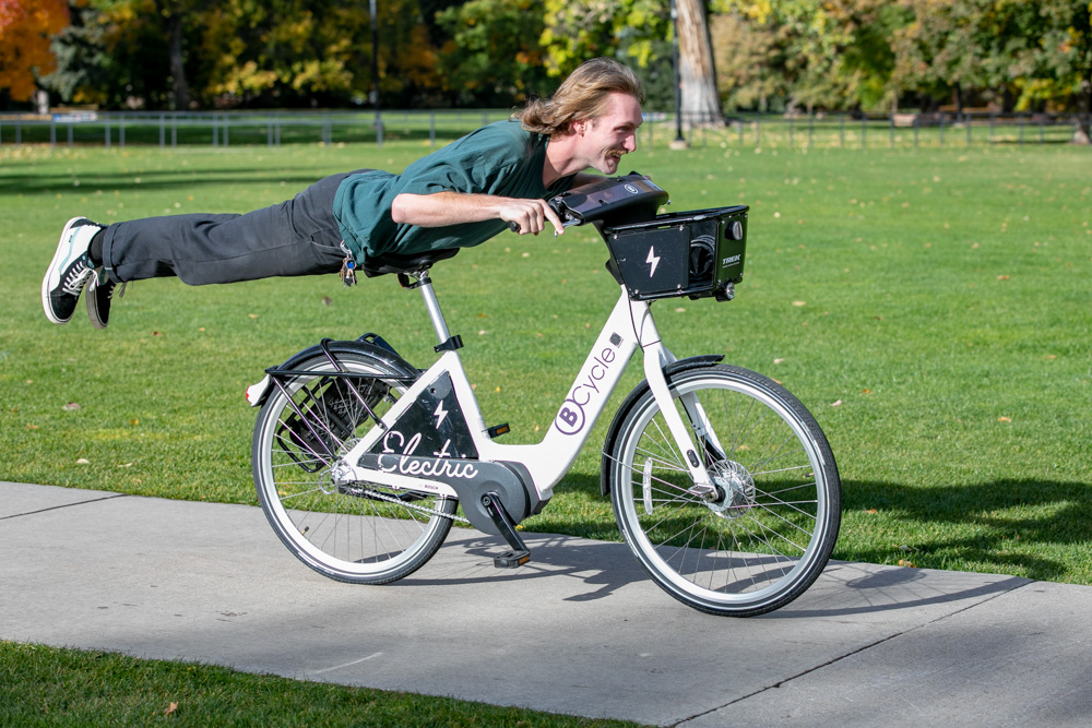 Riding electric bikes on University of Colorado campus  in Boulder, Colorado and photography by Julia Vandenoever.