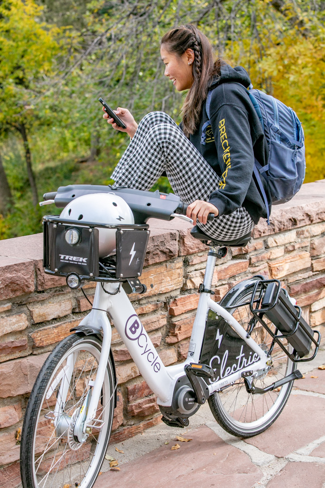 Riding electric bikes on University of Colorado campus  in Boulder, Colorado and photography by Julia Vandenoever.